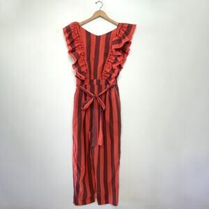 Heidi Merrick Striped Jumpsuit Large Ruffle Sleeve Boho Resort Artsy Dopamine
